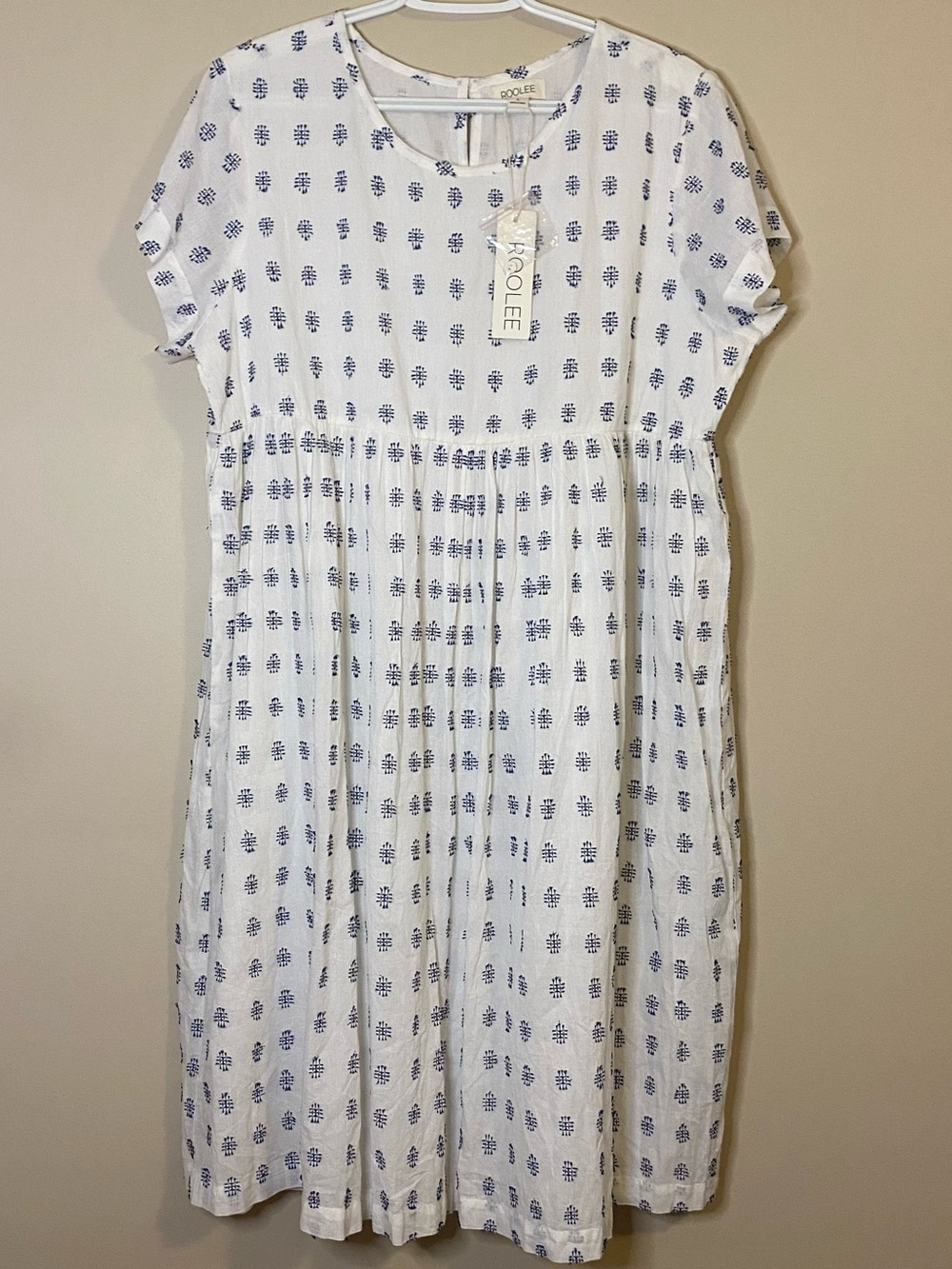 ROOLEE NWT White Blue Geometric Print Short Sleeve Babydoll Midi Dress Size L